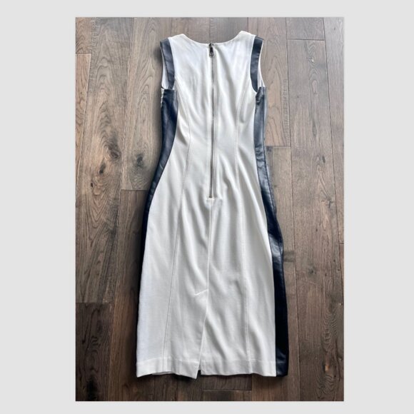 Bebe White Sheath Cocktail Dress Faux Leather Trim Size 2 Pleated - Picture 3 of 8